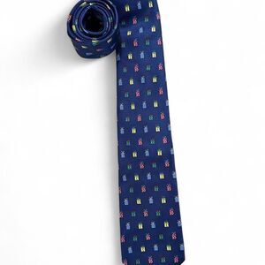 Lands End  Christmas Tie 100% Silk Blue and Multicolor Gift box pattern